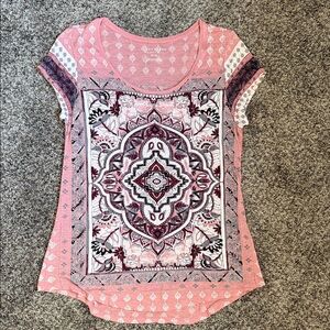 Lucky Brand Pink Medallion Print Scoop Neck Tee